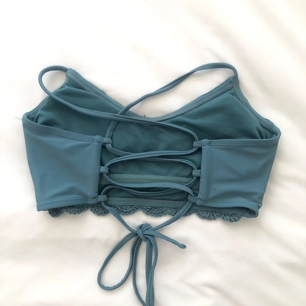 Exhilaration Swim Lace Crochet Bralette Teal Blue Medium